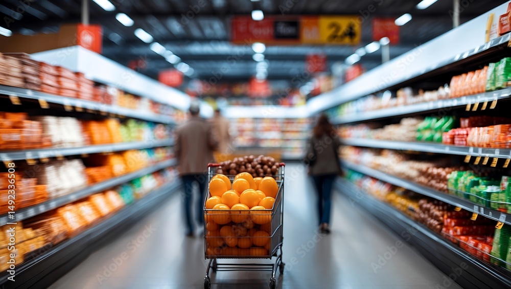 Fototapeta premium Dynamic shopping experience in a blurred supermarket aisle