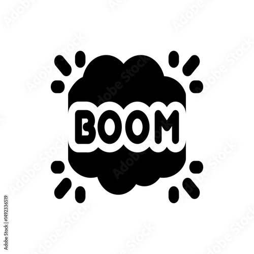 Illustration of a black boom cloud with white text and burst lines emanating outward on a white background