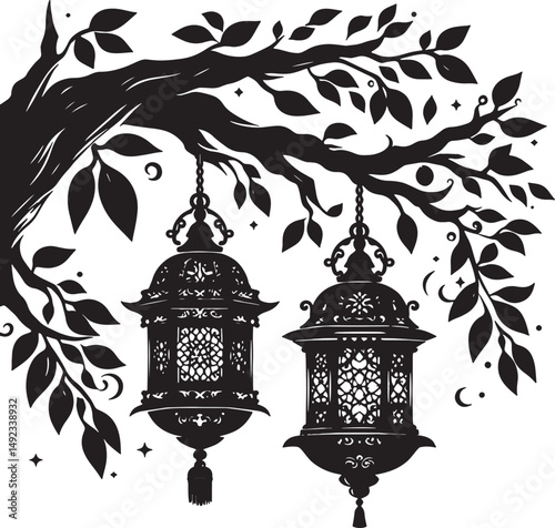 A monochrome illustration of two ornate lanterns hanging from a tree branch with leaves