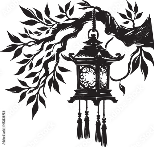A black and white illustration of a japanese lantern hanging from a tree branch art