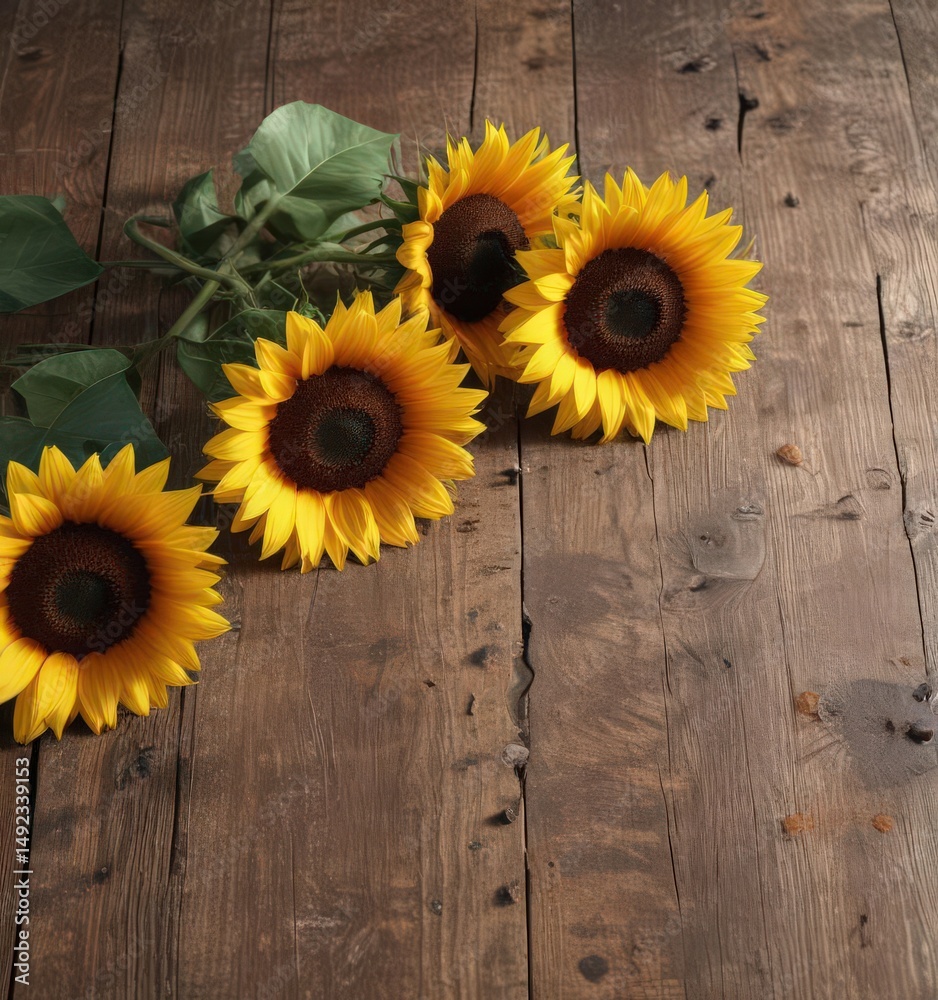 Obraz premium Sunflowers and their shadows cast on aged wood, garden, dark, bloom