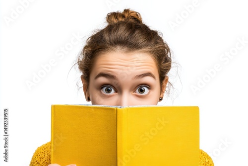 Surprised Woman Peeking Over Bright Yellow Book is a professional stock visual perfect for advertising, digital content, entertainment, or editorial storytelling with a modern and engaging style.