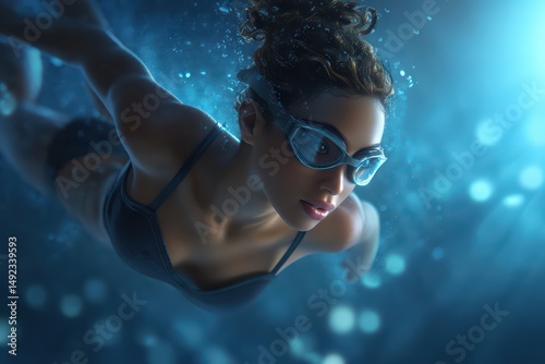 Swimmer Woman Underwater in Athletic Motion is a professional stock visual perfect for advertising, digital content, entertainment, or editorial storytelling with a modern and engaging style.