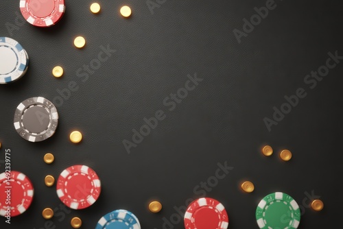 Top View of Casino Chips and Coins on Dark Surface is a professional stock visual perfect for advertising, digital content, entertainment, or editorial storytelling with a modern and engaging style.
