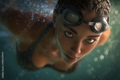 Underwater Portrait of Focused Female Swimmer is a professional stock visual perfect for advertising, digital content, entertainment, or editorial storytelling with a modern and engaging style.