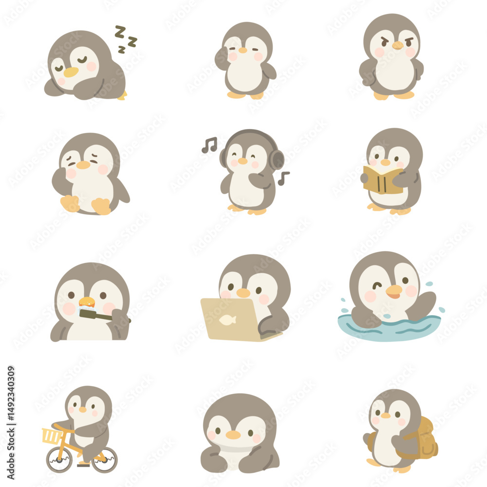 Fototapeta premium Adorable Penguin Doodle cartoon set