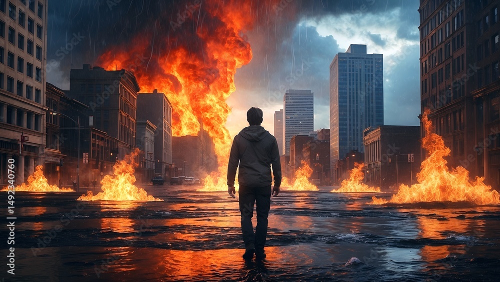 Fototapeta premium Elemental cityscape a man's journey through nature's forces
