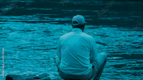 Solitude by the Water: A man's introspective moment observing the vibrant river flow