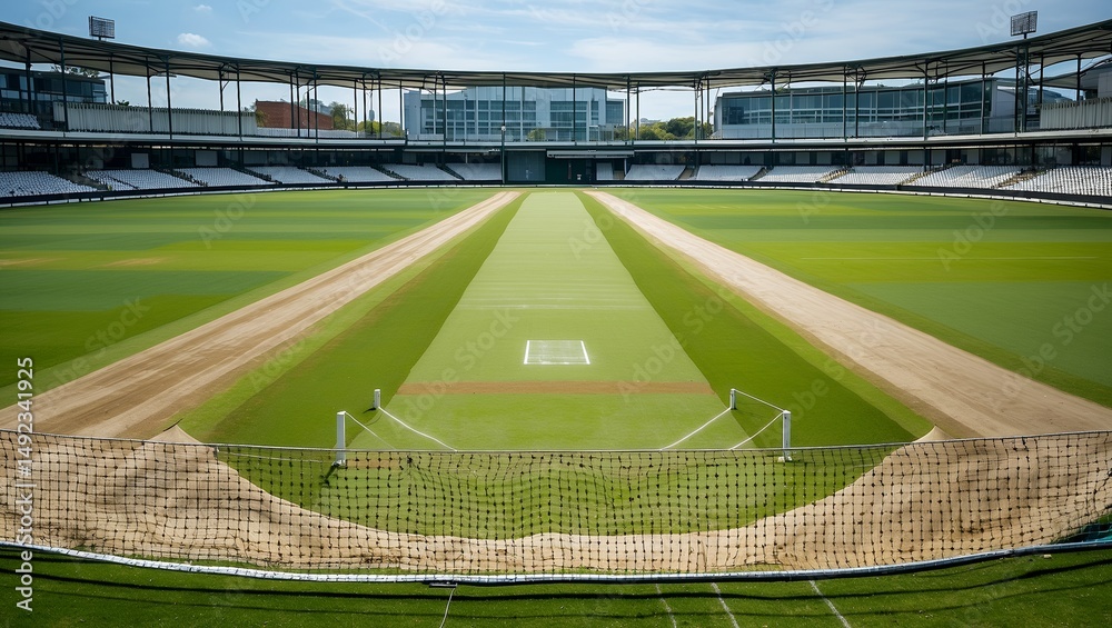 Obraz premium Empty cricket pitch prepared for upcoming net practice