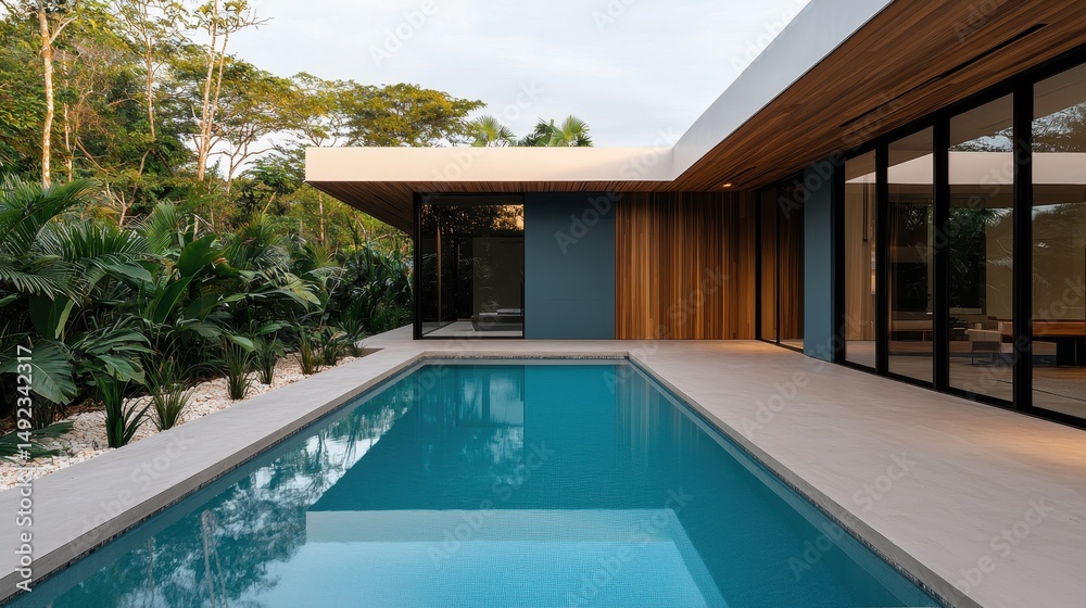 Fototapeta premium Modern minimalistic house design with pool surrounded by lush greenery and large glass windows