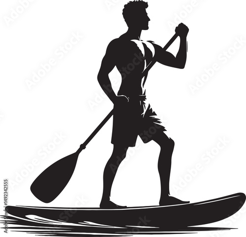 Silhouette of a man paddle boarding on water with a paddle in his hands on a board