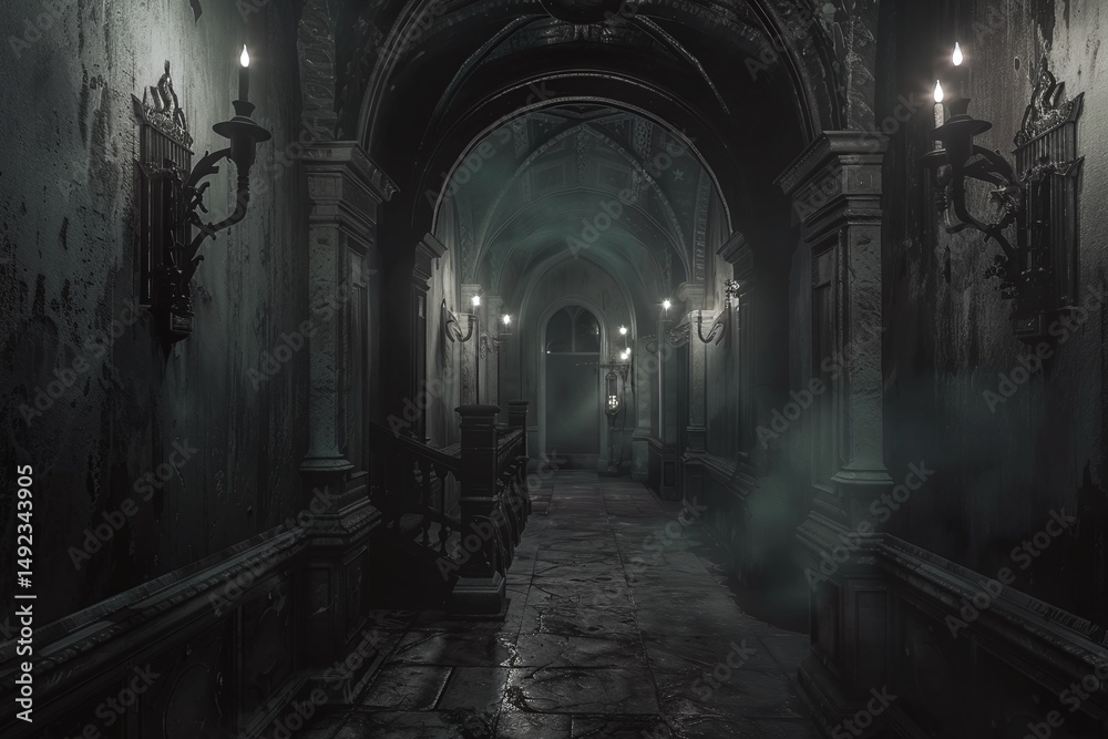Fototapeta premium Long Dark Monochrome Corridor with Gothic Architecture Varient 4
