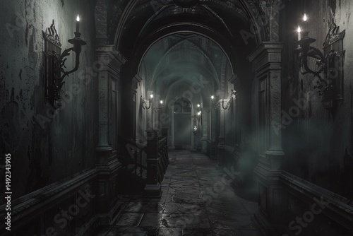 Long Dark Monochrome Corridor with Gothic Architecture Varient 4