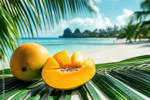 Fototapeta Naklejka Na Ścianę i Meble -  Tropical mango fruit on a palm leaf with sandy beach and turquoise sea in the background paradise island