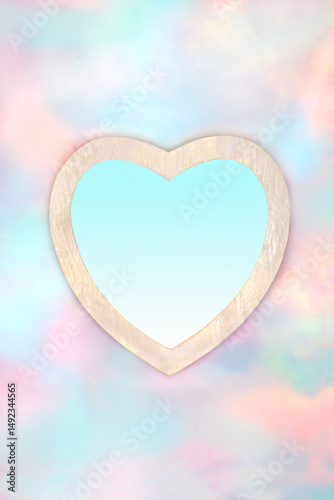 Romantic heart shape frame on paradise sky background. Abstract surreal dreamy symbol of love design for birthday, valentines, greeting card. Gradient fill blue insert.