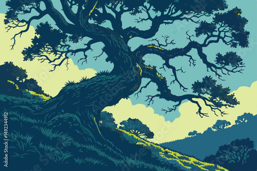 122 twisted, gnarled, ancient tree trunk, mossy, overgrown with lush foliage, blue sky, wispy clouds, dramatic lighting, cinematic, high detail, vibrant colors, textured