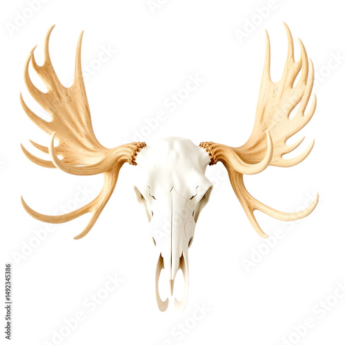Moose skull with large antlers isolated on white background, wild animal head skeleton trophy vector element.