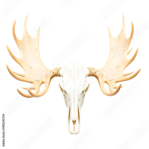 Moose skull with large antlers isolated on white background, wild animal head skeleton trophy vector element.