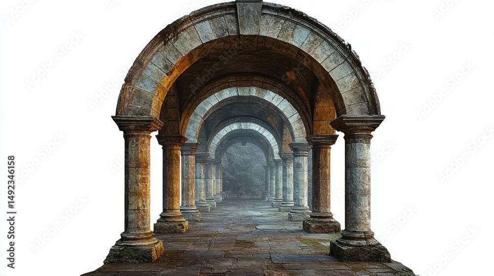Obraz premium Ancient stone archway corridor with columns fading into mist creating a mysterious and historical atmosphere