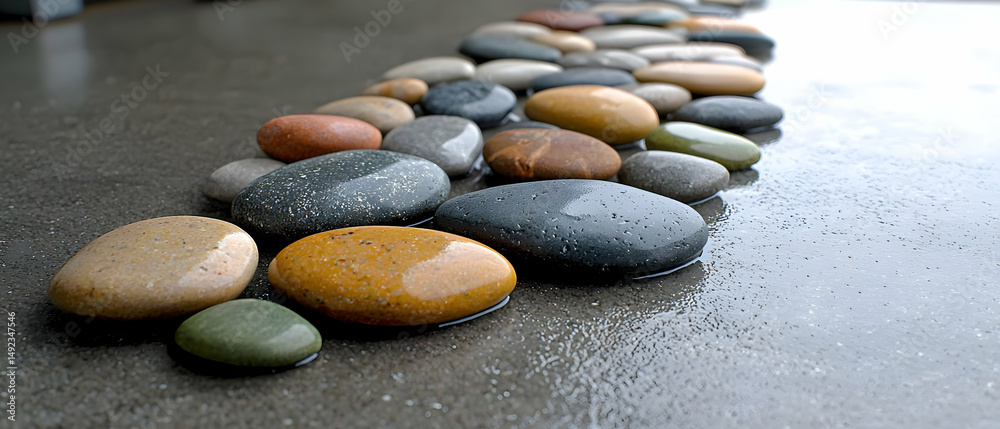 Fototapeta premium Colorful Pebble Pathway On Wet Surface