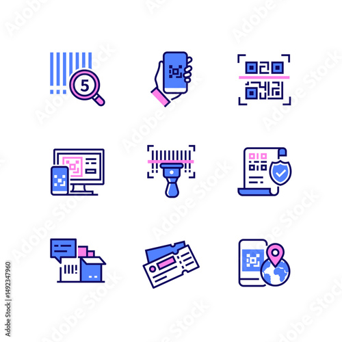 Barcodes and QR codes - modern line art style icons set