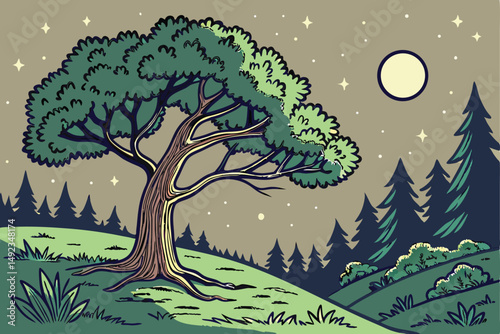 123 outdoor night scene, large tree with lush green foliage, nighttime forest with stars in the sky, detailed landscape, vivid colors, digital art