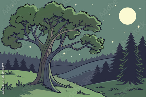 123 outdoor night scene, large tree with lush green foliage, nighttime forest with stars in the sky, detailed landscape, vivid colors, digital art