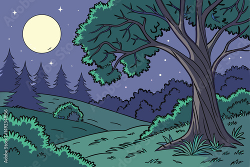 123 outdoor night scene, large tree with lush green foliage, nighttime forest with stars in the sky, detailed landscape, vivid colors, digital art