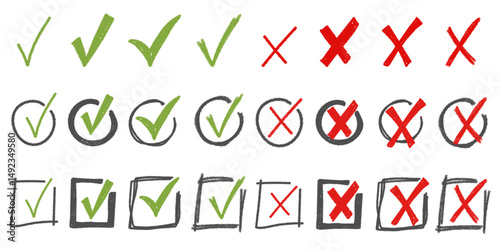Brush, marker drawn green check mark and red cross circle and square icon set. Collection of hand drawn doodle tick symbol, chalk approval and cancel marks