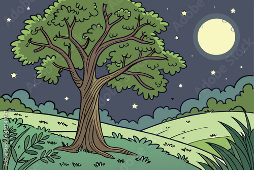 123 outdoor night scene, large tree with lush green foliage, nighttime forest with stars in the sky, detailed landscape, vivid colors, digital art