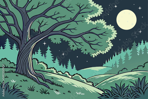 124 outdoor night scene, large tree with lush green foliage, nighttime forest with stars in the sky, detailed landscape, vivid colors, digital art