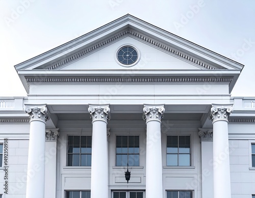 Elegant white building with columns and circular window against a cloudy sky