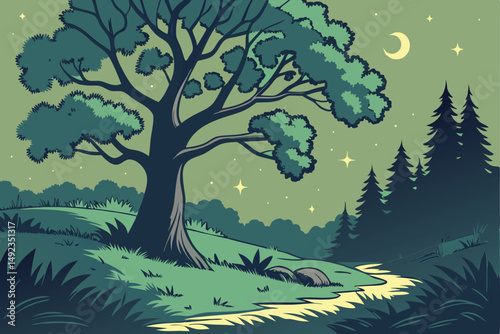 124 outdoor night scene, large tree with lush green foliage, nighttime forest with stars in the sky, detailed landscape, vivid colors, digital art