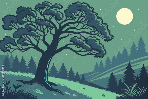 124 outdoor night scene, large tree with lush green foliage, nighttime forest with stars in the sky, detailed landscape, vivid colors, digital art