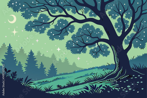 124 outdoor night scene, large tree with lush green foliage, nighttime forest with stars in the sky, detailed landscape, vivid colors, digital art