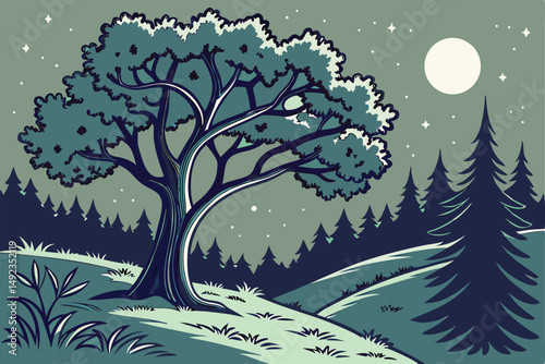 124 outdoor night scene, large tree with lush green foliage, nighttime forest with stars in the sky, detailed landscape, vivid colors, digital art