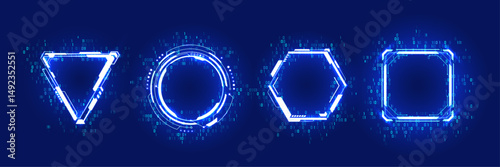 Abstract technology HUD elements or neon portals in futuristic geometric forms. Binary code and light neon frames with tech design elements. UX game signs. AI game concept. Vector illustrations