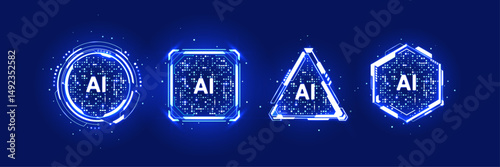 Neon AI portals. Abstract set of neon light blue portals or AI HUD futuristic tech frames. Technology dark background. Game design, or UI and UX interface elements. Digital vector illustration.
