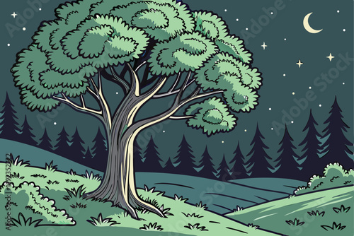 124 outdoor night scene, large tree with lush green foliage, nighttime forest with stars in the sky, detailed landscape, vivid colors, digital art