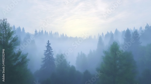 Misty forest sunrise landscape