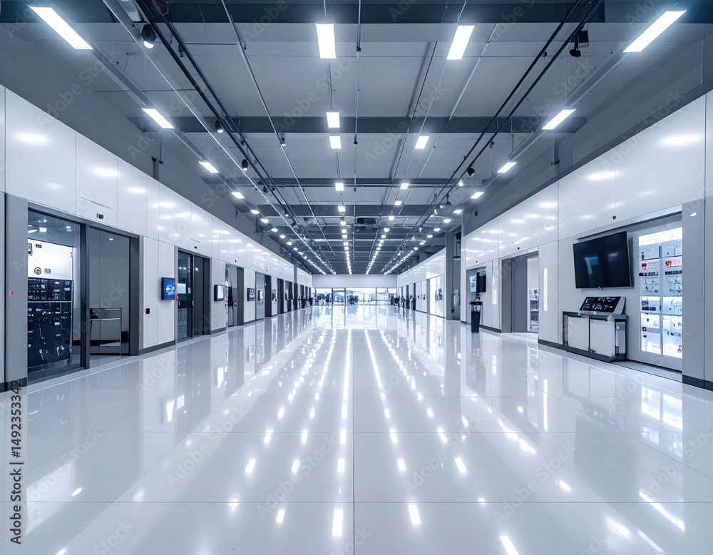 Fototapeta premium Modern technology facility corridor with bright lighting and polished floors