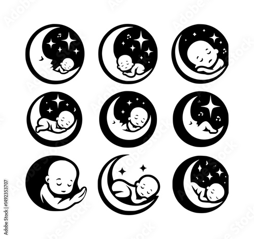 Sleeping Baby on Moon Silhouette Vector Art