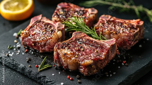 Grilled lamb chops, rosemary, spices, dark background, restaurant menu
