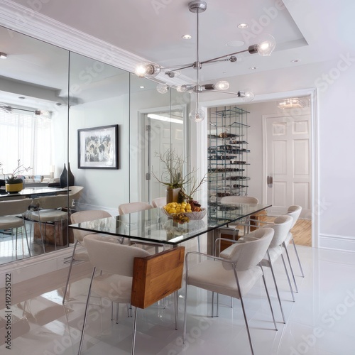 Spacious contemporary dining room with a glass table, minimalist chairs, and soft lighting.