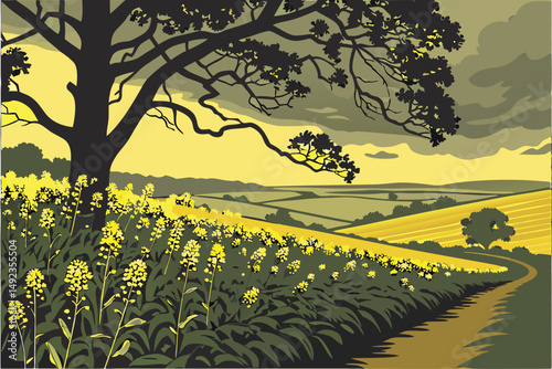 125 dramatic sunset field, vibrant yellow rapeseed flowers, lush green foliage, moody cloudy sky, peaceful rural landscape, atmospheric lighting, scenic countryside, detailed environment, hyperrealist
