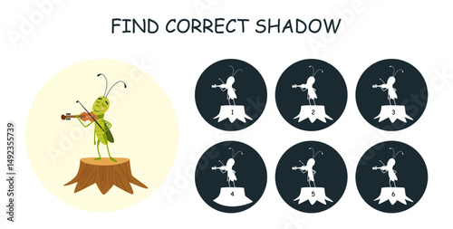Find correct grasshopper shadow. Educational children game for preschool or kindergarten for attention development. Cartoon musician insect character, vector template
