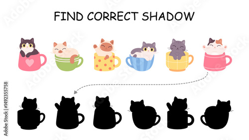 Find correct cat shadow game. Cute cartoon kittens in cups and black shadows. Preschool children education attention play, vector template