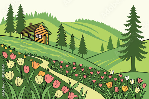 126 vibrant lush green landscape, terraced flower garden, colorful tulips, pine trees, wooden cabin, rolling hills, scenic outdoor environment, idyllic natural setting