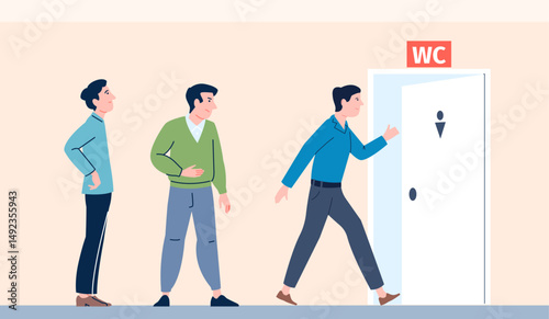 Men queue to toilet and waits in front of door. Public wc waiting line in mall, office center, airport or bus station. Hygiene vector concept