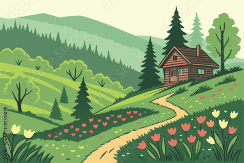 126 vibrant lush green landscape, terraced flower garden, colorful tulips, pine trees, wooden cabin, rolling hills, scenic outdoor environment, idyllic natural setting